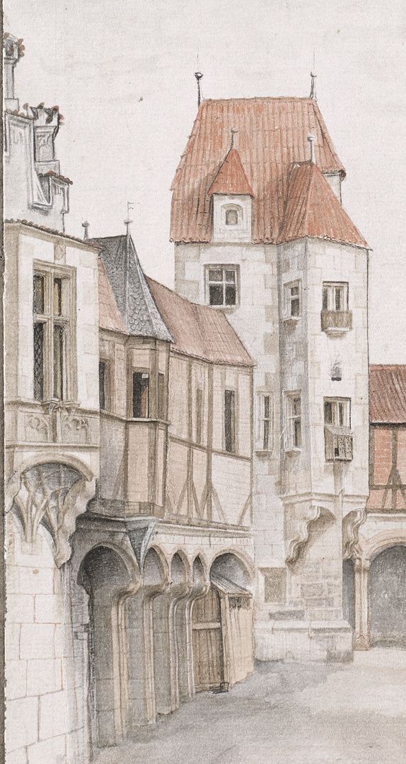 Hof der Innsbrucker Burg gegen Norden Detailansicht: ganz links die Kanzlei mit Treppengiebel und Erker, hinten der Turm der Hofburg zur Jakobskirche hin