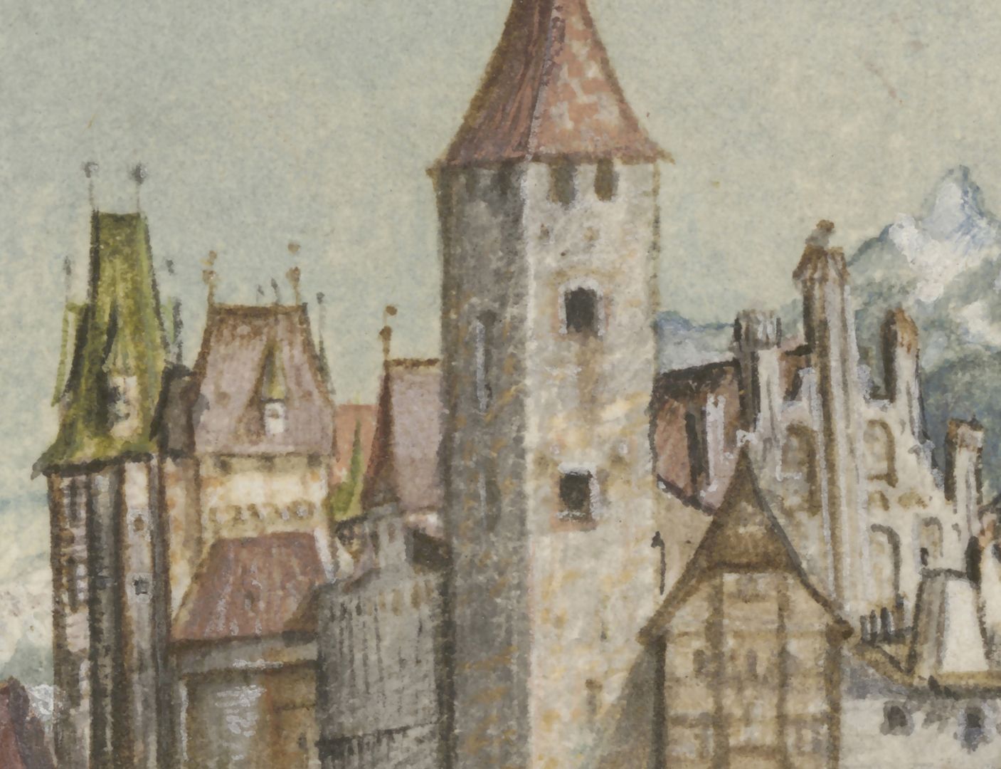 Innsbruck Detailansicht, von links nach rechts: Eckturm der Hofburg, Frauenzimmerbau, Turm der Hofburg bei der Pfarrkirche St. Jakob, Kräuterturm (vorn), Westgiebel der Pfarrkirche St. Jakob
