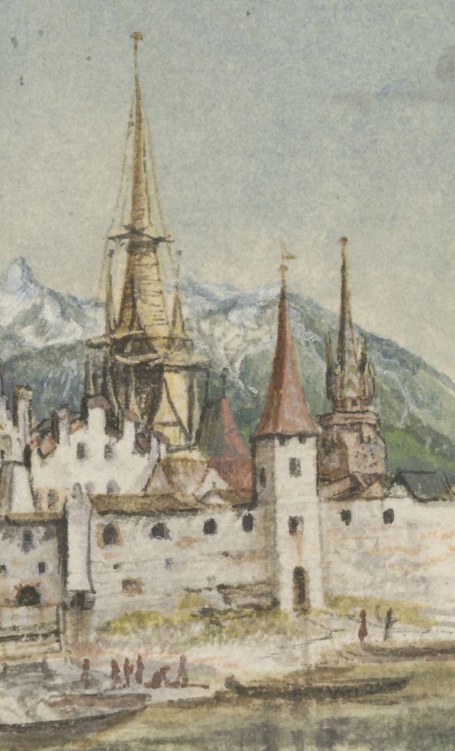 Innsbruck Detailansicht, die Gebäude hinter der Stadtmauer von links nach rechts: der Giebel der Kanzlei, der eingerüstete Wappenturm/Saggenturm, der Torturm der Hofburg, der Stadtturm (Rathausturm)