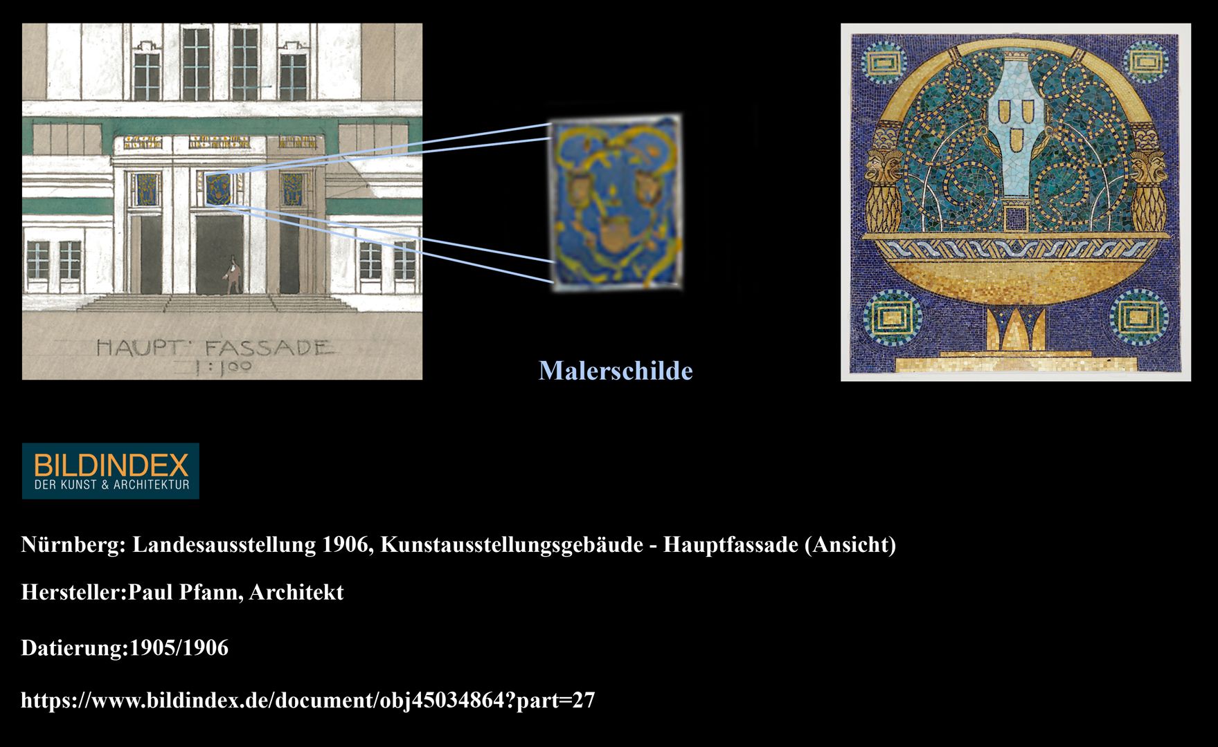 Brunnen mit Malerschilden Kolorierter Entwurf, auf dem die drei Malerschilde erkennebar sind, wie sie auch auf dem Mosaik zu finden sind